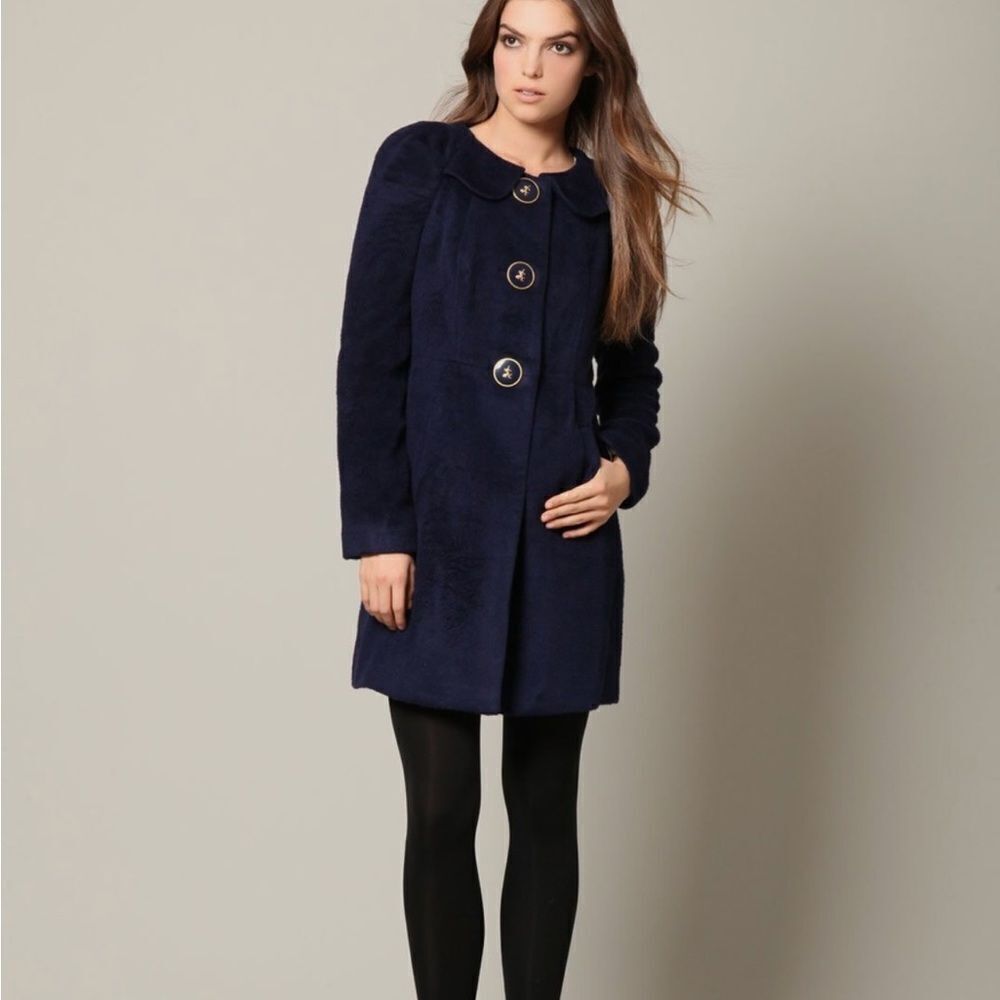 Anthropologie Leifsdottir Navy Blue Fleece Wool Button Up Coat Horse Buttons 6